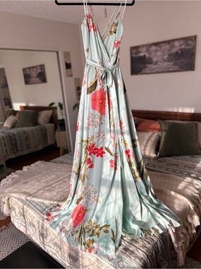 Lulu's Mint Floral Wrap Maxi Dress with Coral & Gold Motif